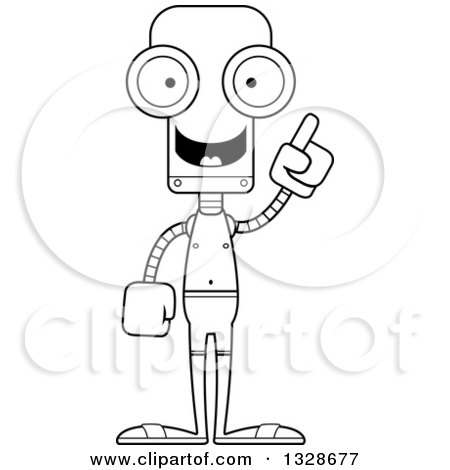 Lineart Clipart of a Cartoon Black and White Skinny Robot Swimmer with an Idea - Royalty Free Outline Vector Illustration by Cory Thoman