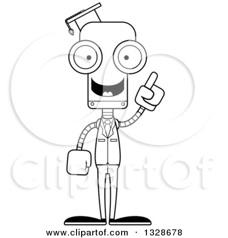 Lineart Clipart of a Cartoon Black and White Skinny Robot Teacher with an  Idea - Royalty Free Outline Vector Illustration by Cory Thoman #1328678