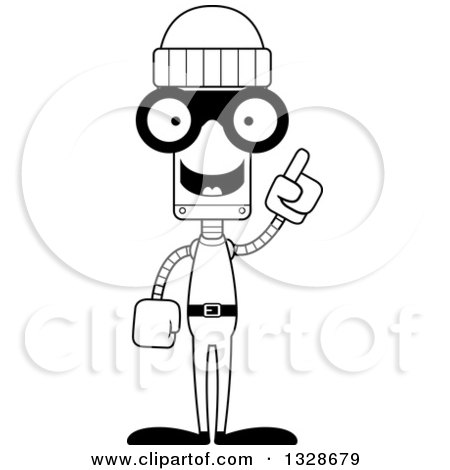 Lineart Clipart of a Cartoon Black and White Skinny Robber Robot with an Idea - Royalty Free Outline Vector Illustration by Cory Thoman