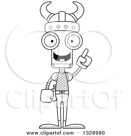 Lineart Clipart of a Cartoon Black and White Skinny Viking Robot with an Idea - Royalty Free Outline Vector Illustration by Cory Thoman