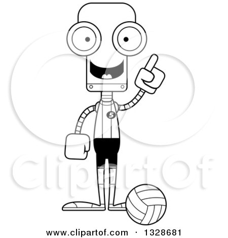 Lineart Clipart of a Cartoon Black and White Skinny Robot Volleyball Player with an Idea - Royalty Free Outline Vector Illustration by Cory Thoman