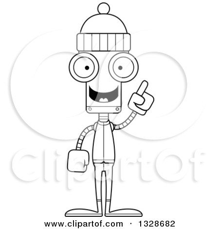 Lineart Clipart of a Cartoon Black and White Skinny Winter Robot with an Idea - Royalty Free Outline Vector Illustration by Cory Thoman