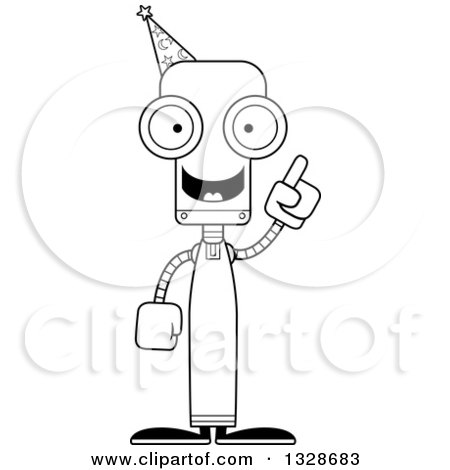 Lineart Clipart of a Cartoon Black and White Skinny Wizard Robot with an Idea - Royalty Free Outline Vector Illustration by Cory Thoman