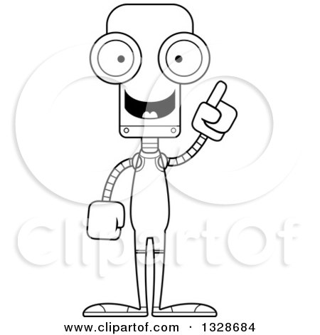 Lineart Clipart of a Cartoon Black and White Skinny Robot Wrestler with an Idea - Royalty Free Outline Vector Illustration by Cory Thoman
