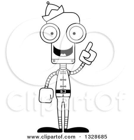 Lineart Clipart of a Cartoon Black and White Skinny Christmas Elf Robot with an Idea - Royalty Free Outline Vector Illustration by Cory Thoman