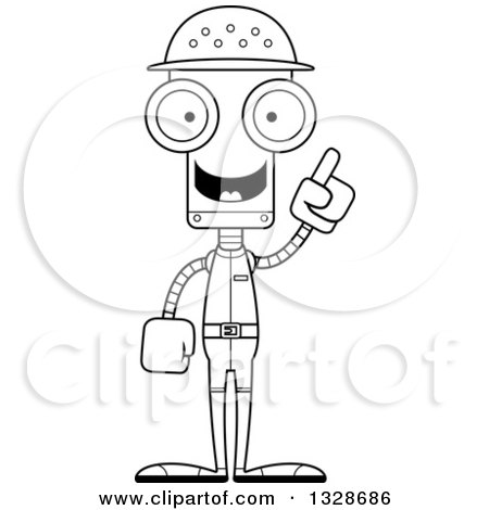 Lineart Clipart of a Cartoon Black and White Skinny Robot Zookeeper with an Idea - Royalty Free Outline Vector Illustration by Cory Thoman