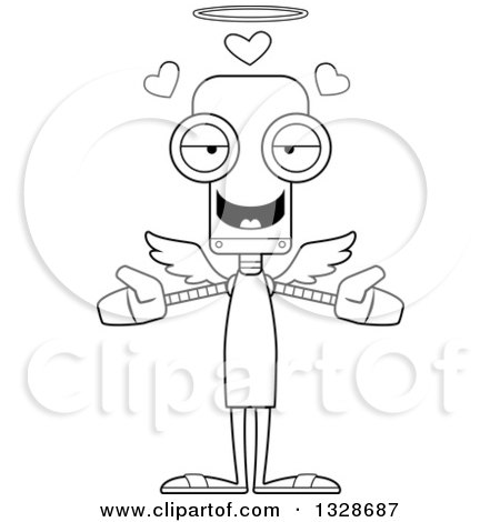 Lineart Clipart of a Cartoon Black and White Skinny Robot Angel with Open Arms and Hearts - Royalty Free Outline Vector Illustration by Cory Thoman