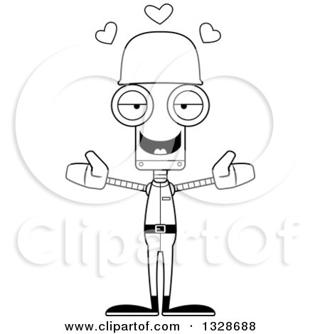Lineart Clipart of a Cartoon Black and White Skinny Robot Soldier with Open Arms and Hearts - Royalty Free Outline Vector Illustration by Cory Thoman