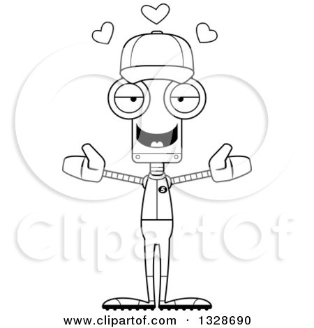 Lineart Clipart of a Cartoon Black and White Skinny Baseball Player Robot with Open Arms and Hearts - Royalty Free Outline Vector Illustration by Cory Thoman