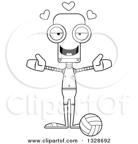 Lineart Clipart of a Cartoon Black and White Skinny Beach Volleyball Player Robot with Open Arms and Hearts - Royalty Free Outline Vector Illustration by Cory Thoman