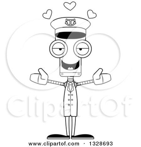 Lineart Clipart of a Cartoon Black and White Skinny Boat Captain Robot with Open Arms and Hearts - Royalty Free Outline Vector Illustration by Cory Thoman