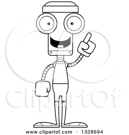 Lineart Clipart of a Cartoon Black and White Skinny Fitness Robot with an Idea - Royalty Free Outline Vector Illustration by Cory Thoman