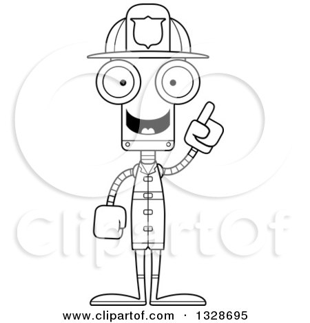 Lineart Clipart of a Cartoon Black and White Skinny Robot Firefighter with an Idea - Royalty Free Outline Vector Illustration by Cory Thoman