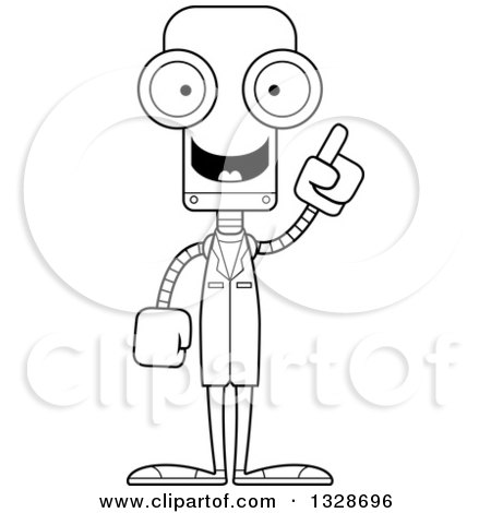 Lineart Clipart of a Cartoon Black and White Skinny Robot Doctor with an Idea - Royalty Free Outline Vector Illustration by Cory Thoman