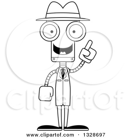 Lineart Clipart of a Cartoon Black and White Skinny Robot Detective with an Idea - Royalty Free Outline Vector Illustration by Cory Thoman