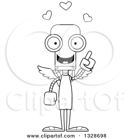 Lineart Clipart of a Cartoon Black and White Skinny Robot with an Idea - Royalty Free Outline Vector Illustration by Cory Thoman