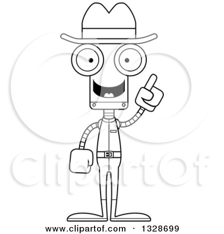 Lineart Clipart of a Cartoon Black and White Skinny Cowboy Robot with an Idea - Royalty Free Outline Vector Illustration by Cory Thoman