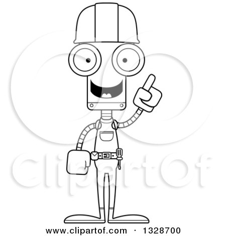 Lineart Clipart of a Cartoon Black and White Skinny Robot Construction Worker with an Idea - Royalty Free Outline Vector Illustration by Cory Thoman