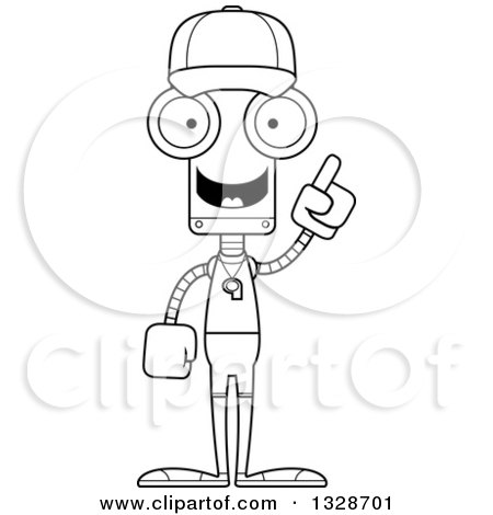 Lineart Clipart of a Cartoon Black and White Skinny Robot Sports Coach with an Idea - Royalty Free Outline Vector Illustration by Cory Thoman