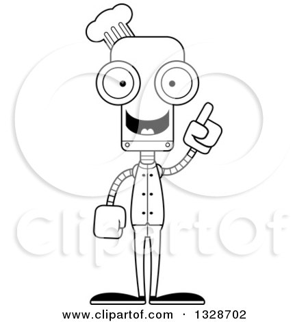 Lineart Clipart of a Cartoon Black and White Skinny Robot Chef with an Idea - Royalty Free Outline Vector Illustration by Cory Thoman