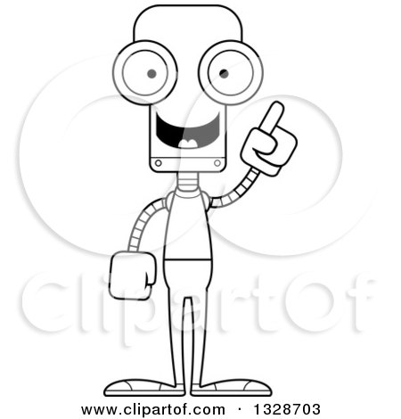 Lineart Clipart of a Cartoon Black and White Skinny Casual Robot with an Idea - Royalty Free Outline Vector Illustration by Cory Thoman