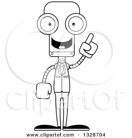 Lineart Clipart of a Cartoon Black and White Skinny Business Robot with an Idea - Royalty Free Outline Vector Illustration by Cory Thoman