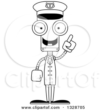 Lineart Clipart of a Cartoon Black and White Skinny Robot Boat Captain with an Idea - Royalty Free Outline Vector Illustration by Cory Thoman