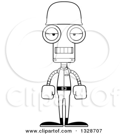 Lineart Clipart of a Cartoon Black and White Skinny Mad Robot Soldier - Royalty Free Outline Vector Illustration by Cory Thoman