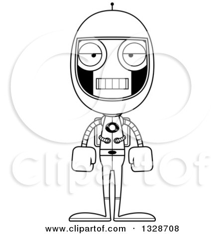 Lineart Clipart of a Cartoon Black and White Skinny Mad Robot Astronaut - Royalty Free Outline Vector Illustration by Cory Thoman