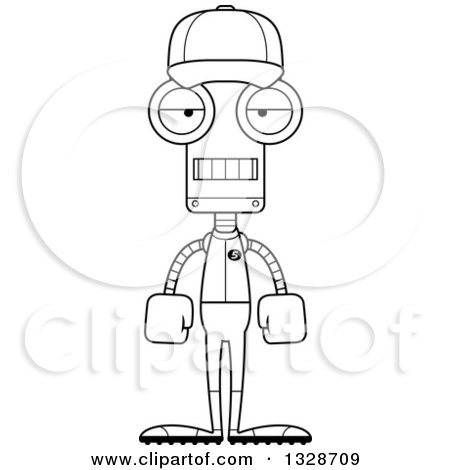 Lineart Clipart of a Cartoon Black and White Skinny Mad Robot Baseball Player - Royalty Free Outline Vector Illustration by Cory Thoman