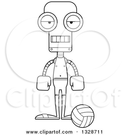 Lineart Clipart of a Cartoon Black and White Skinny Mad Robot Volleyball Player - Royalty Free Outline Vector Illustration by Cory Thoman