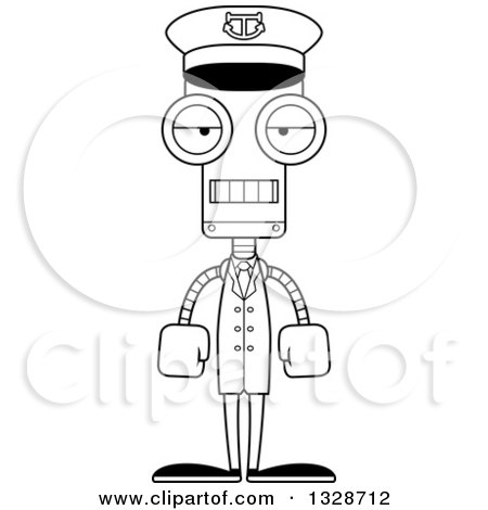 Lineart Clipart of a Cartoon Black and White Skinny Mad Robot Boat Captain - Royalty Free Outline Vector Illustration by Cory Thoman