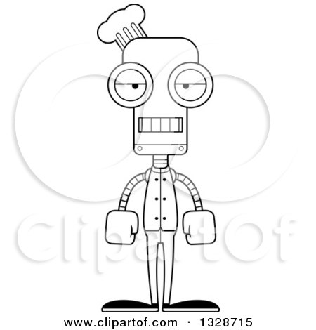 Lineart Clipart of a Cartoon Black and White Skinny Mad Robot Chef - Royalty Free Outline Vector Illustration by Cory Thoman