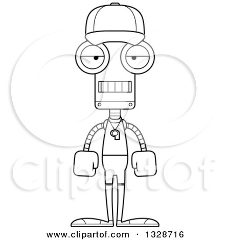 Lineart Clipart of a Cartoon Black and White Skinny Mad Robot Sports Coach - Royalty Free Outline Vector Illustration by Cory Thoman