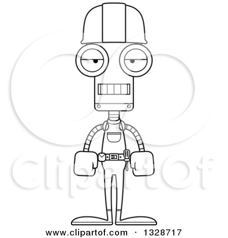 Lineart Clipart of a Cartoon Black and White Skinny Mad Robot Construction Worker - Royalty Free Outline Vector Illustration by Cory Thoman