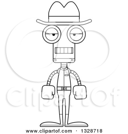 Lineart Clipart of a Cartoon Black and White Skinny Mad Robot Cowboy - Royalty Free Outline Vector Illustration by Cory Thoman