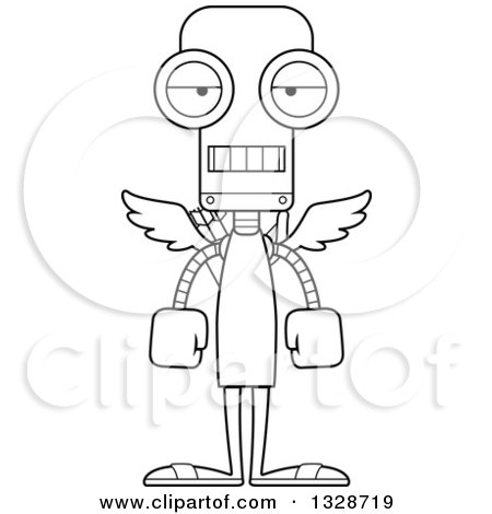 Lineart Clipart of a Cartoon Black and White Skinny Mad Cupid Robot - Royalty Free Outline Vector Illustration by Cory Thoman