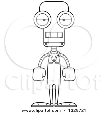 Lineart Clipart of a Cartoon Black and White Skinny Mad Robot Doctor - Royalty Free Outline Vector Illustration by Cory Thoman
