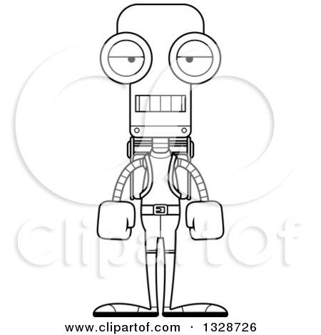 Lineart Clipart of a Cartoon Black and White Skinny Mad Hiker Robot - Royalty Free Outline Vector Illustration by Cory Thoman
