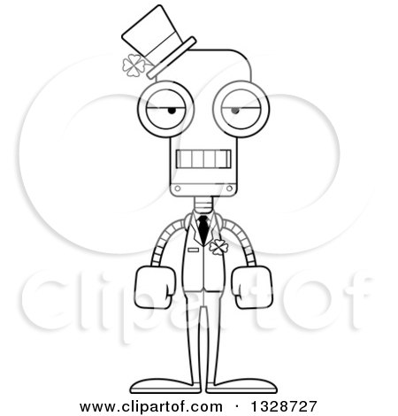 Lineart Clipart of a Cartoon Black and White Skinny Mad Irish St Patricks Day Robot - Royalty Free Outline Vector Illustration by Cory Thoman