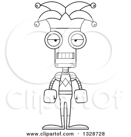 Lineart Clipart of a Cartoon Black and White Skinny Mad Jester Robot - Royalty Free Outline Vector Illustration by Cory Thoman