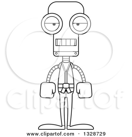 Lineart Clipart of a Cartoon Black and White Skinny Mad Karate Robot - Royalty Free Outline Vector Illustration by Cory Thoman