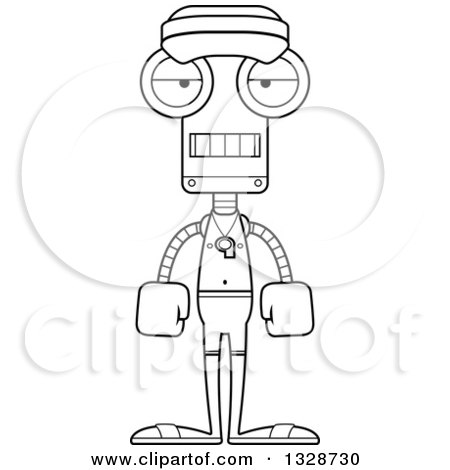Lineart Clipart of a Cartoon Black and White Skinny Mad Lifeguard Robot - Royalty Free Outline Vector Illustration by Cory Thoman