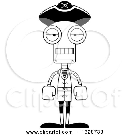 Lineart Clipart of a Cartoon Black and White Skinny Mad Pirate Robot - Royalty Free Outline Vector Illustration by Cory Thoman