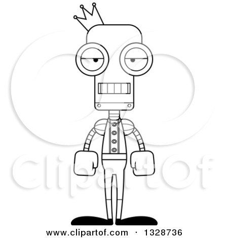 Lineart Clipart of a Cartoon Black and White Skinny Mad Prince Robot - Royalty Free Outline Vector Illustration by Cory Thoman