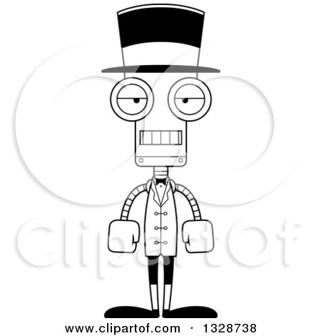 Lineart Clipart of a Cartoon Black and White Skinny Mad Robot Circus Ringmaster - Royalty Free Outline Vector Illustration by Cory Thoman