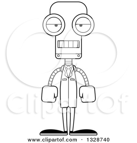 Lineart Clipart of a Cartoon Black and White Skinny Mad Robot Scientist - Royalty Free Outline Vector Illustration by Cory Thoman