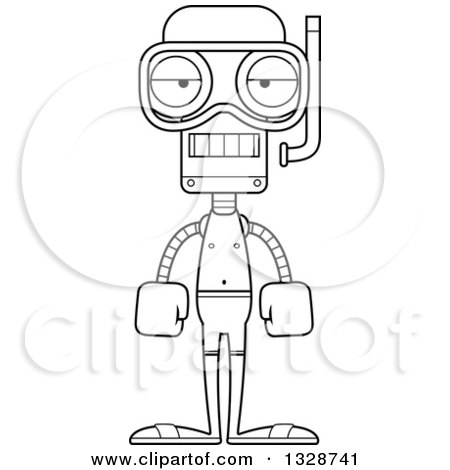 Lineart Clipart of a Cartoon Black and White Skinny Bored Robot in Snorkel Gear - Royalty Free Outline Vector Illustration by Cory Thoman