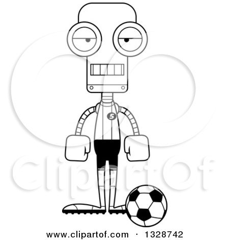 Lineart Clipart of a Cartoon Black and White Skinny Bored Robot Soccer Player - Royalty Free Outline Vector Illustration by Cory Thoman