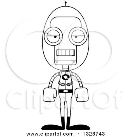 Lineart Clipart of a Cartoon Black and White Skinny Bored Space Robot - Royalty Free Outline Vector Illustration by Cory Thoman